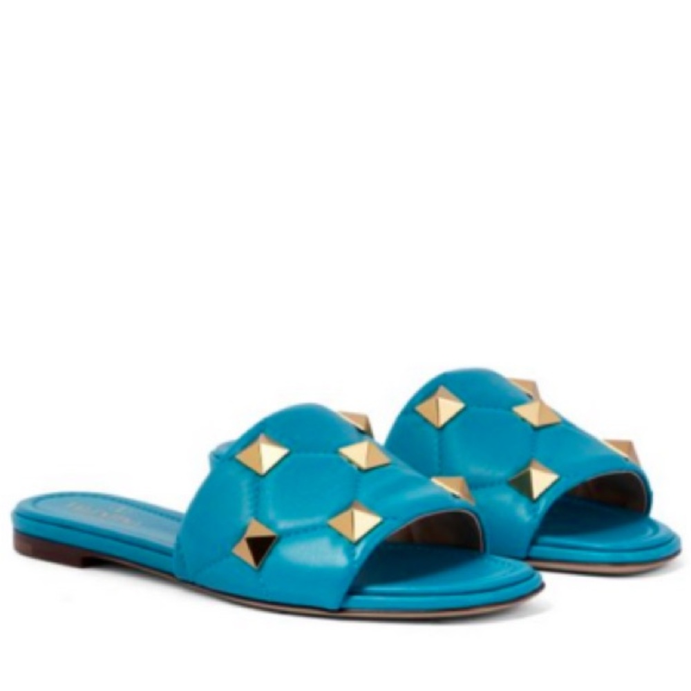 Valentino Garavani Women Roman Stud Matelassé Slide Sandals Sky Aqua Blue